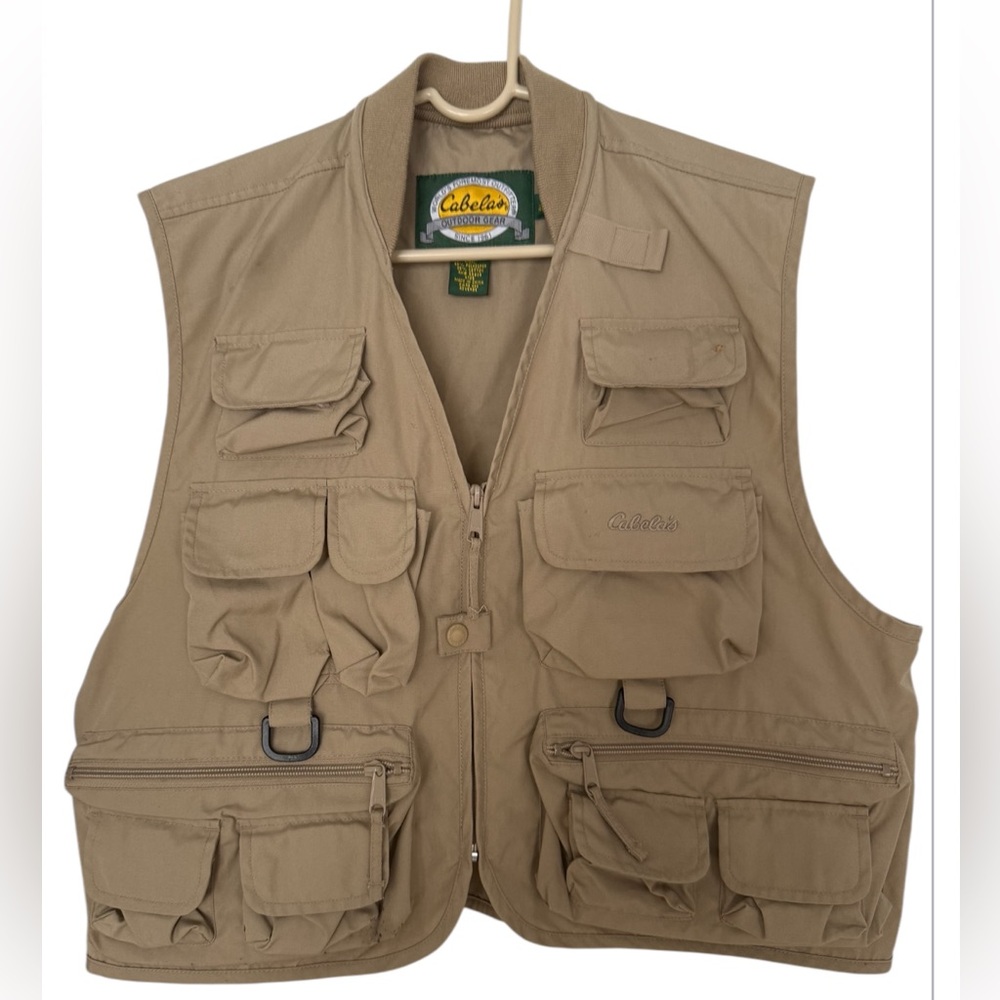 Cabela's Men’s Tan Zip Up Utility Fishing Vest M Pockets